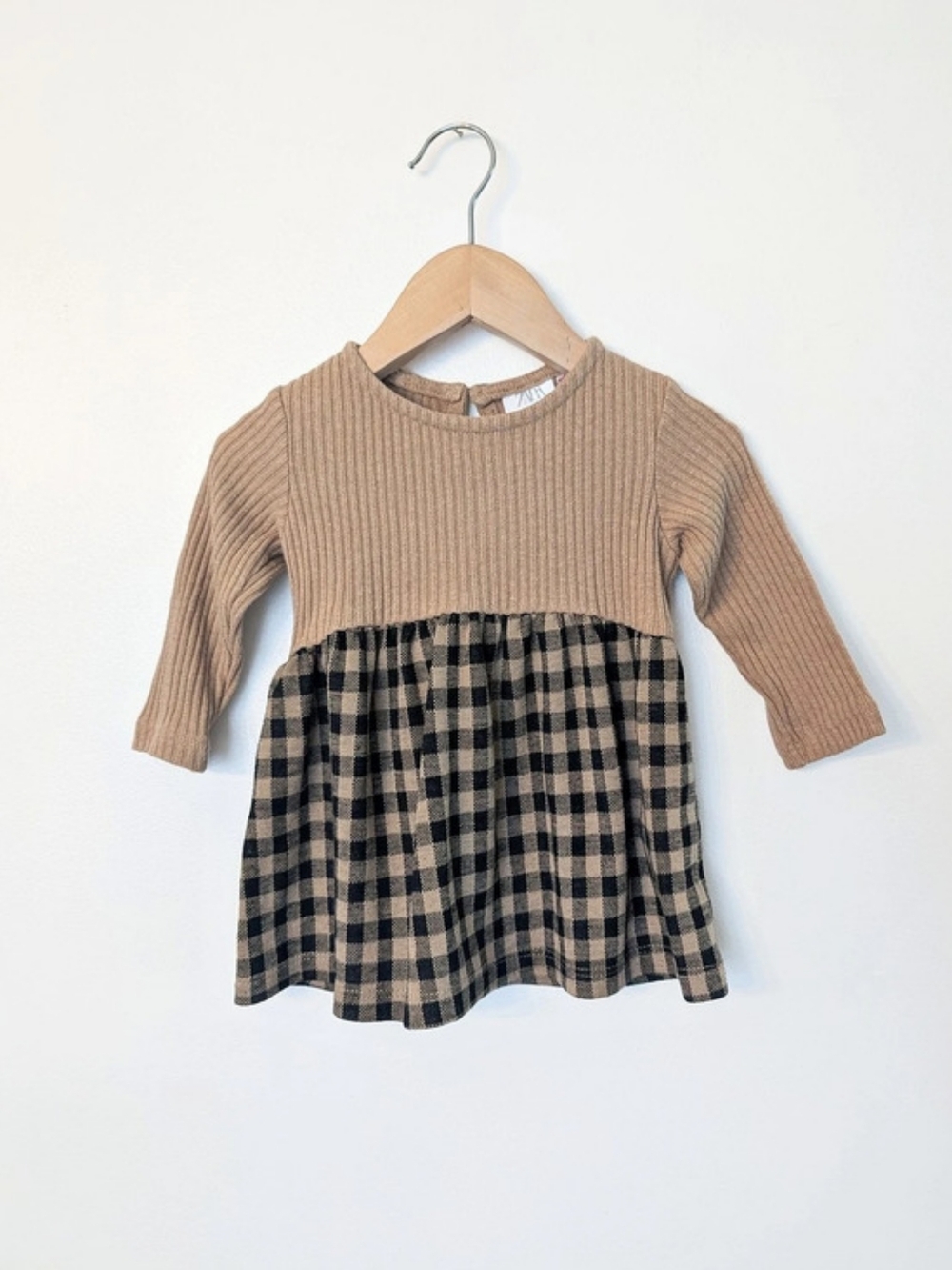 Zara Baby Plaid Knit-Sleeve Dress in Brown & Black